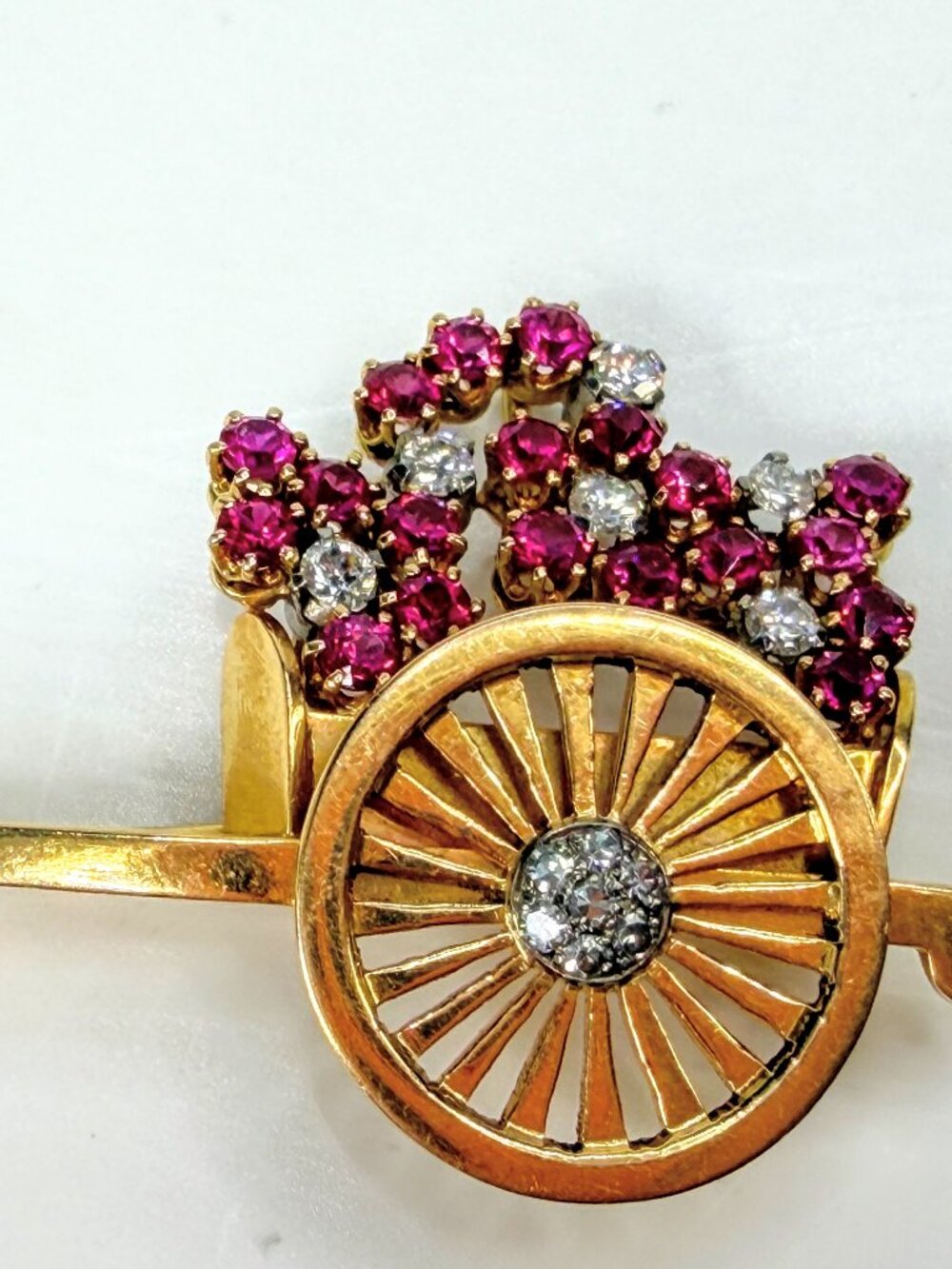 Early 20th Century 18K Gold Ruby Diamond Wheelbarrow Brooch 1.7ct 10.5g JR2001